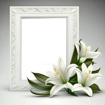 white frame for photo with lilies and transparent background inside