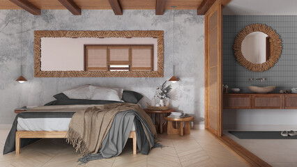 Obraz na płótnie Canvas Farmhouse bedroom and bathroom in white and gray tones. Double bed, paper door and washbasin. Parquet floor and tiles, japandi interior design