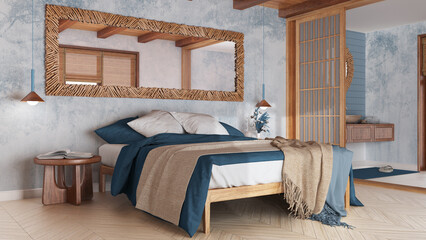Spa, hotel suite. Bedroom and bathroom in white and blue tones. Double bed, paper door and...