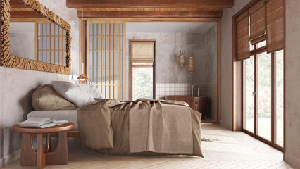 Japandi bedroom and bathroom in white and beige tones. Double bed, paper door and wooden bathtub. Parquet floor and tiles, farmhouse interior design