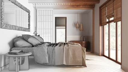 Architect interior designer concept: hand-drawn draft unfinished project that becomes real, japandi bedroom and bathroom. Double bed, paper door and wooden bathtub. Farmhouse style