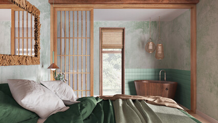 Japandi bedroom and bathroom in white and green tones. Double bed close-up, paper door and freestanding bathtub. Parquet and tiles, farmhouse interior design