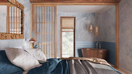 Japandi bedroom and bathroom in white and blue tones. Double bed close-up, paper door and freestanding bathtub. Parquet and tiles, farmhouse interior design