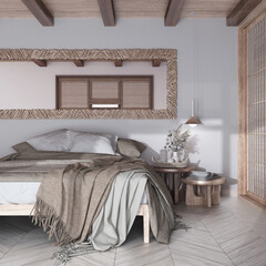 Farmhouse bohemian wooden bedroom in white and bleached tones. Double bed, paper door and rattan mirror. Parquet floor, japandi interior design