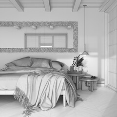 Blueprint unfinished project draft, farmhouse bohemian wooden bedroom. Double bed, paper door and rattan mirror. Parquet floor, japandi interior design