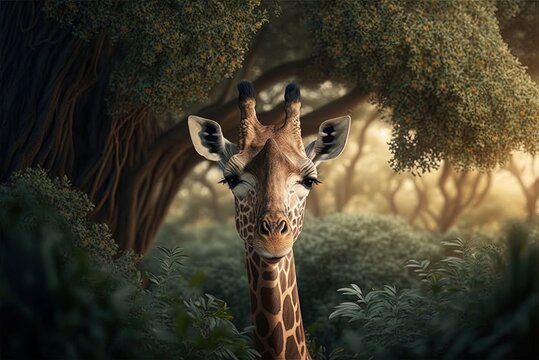 magnificent picture of a baby giraffe among the trees Generative AI