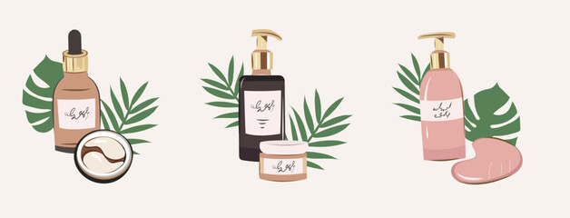 Set of compositions for skin care products, organic cosmetics, set of skin care products for women. Natural organic cosmetics for skin in colorful bottles, tubes, jars vector flat illustration.