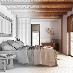 Architect interior designer concept: hand-drawn draft unfinished project that becomes real, wooden bedroom and bathroom Double bed, paper door and wooden bathtub. Farmhouse style
