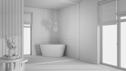 Total white project draft, farmhouse bathroom. Paper door and freestanding wooden bathtub. Cotton flowers, parquet floor, wallpaper and tiles, japanese interior design