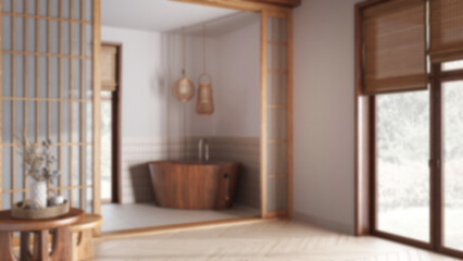 Blurred background, farmhouse bathroom. Paper door and freestanding wooden bathtub. Cotton flowers, parquet floor, wallpaper and tiles, japanese interior design