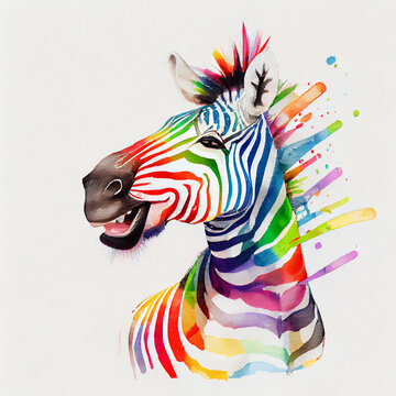 rainbow striped  laughing zebra, watercolor painting style, generative ai