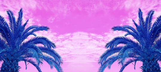 Pop Art Surreal Style of Vibrant Gradient Blue Two Palm Trees on Pastel Purple Sky