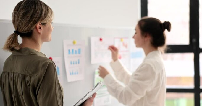 Manager hanging on white board document with schedule at business seminar 4k movie slow motion
