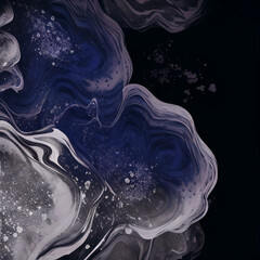 黒背景に銀色と青紫の曲線がある正方形ダーク抽象テンプレート。溶けた流動体。ジェネレーティブAI