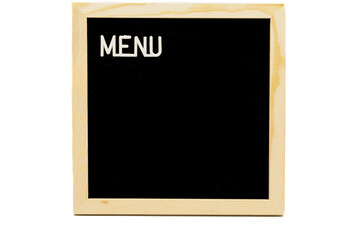 Menu sign on black wood frame on white background