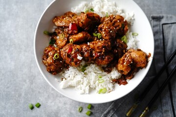 Homemade Gochujang cauliflower with jasmine rice, selective focus