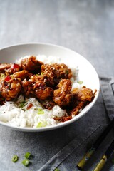 Homemade Gochujang cauliflower with jasmine rice, selective focus