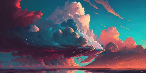Panorama of pastel sunset sky and clouds painting backgroud. Generative AI