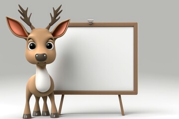 3D cute deer cartoon standing beside blank whiteboard. Generative AI