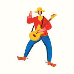 Faceless Young Cowboy Playing Guitar On Beige Background.