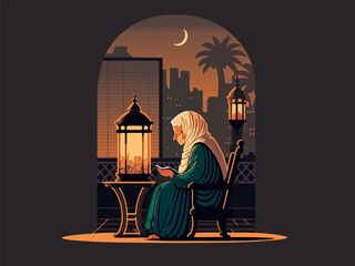 Muslim Elderly Woman Character Reading Quran Book At Chair And Illuminated Arabic Lamps On Evening or Morning View.