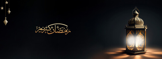 Arabic Calligraphy of Golden Ramadan Kareem And 3D Render, Illuminated Arabic Lamp On Black Background. Banner Design.