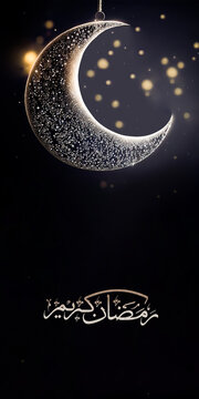 Arabic Calligraphy of Ramadan Kareem And Shiny Exquisite Crescent Moon Hang On Black Bokeh Effect Background. 3D Render. Banner or Header Design.