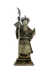 Cut out ancient Chinese warrior standing holding a halberd stone statue isolated on white background. Ancient Chinese sculpture at Wat Pho in Bangkok, Thailand.           