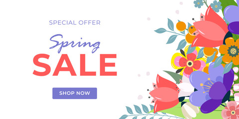 Fototapeta na wymiar Banner spring sale discounts for goods up to 50% in the online store with bright flowers with text