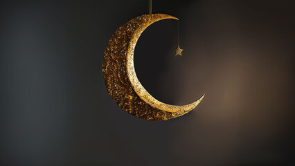 Hanging Exquisite Crescent Moon With Golden Shiny Star On Dark Background. 3D Render.