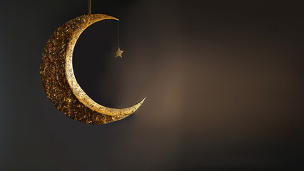 Hanging Exquisite Crescent Moon With Golden Shiny Star On Dark Background. 3D Render.