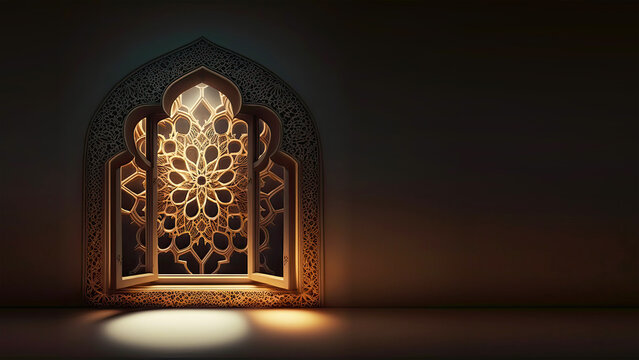 3D Render of Shiny Arabic Door or Window Arch And Copy Space. Islamic Religious Concept.