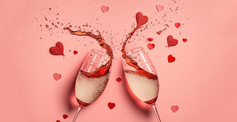 Hitting two glasses of champagne with splashes in the form of sparkles and hearts. Valentine's day, wedding pin background. Ai generative. 