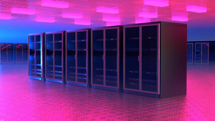 Server room. Server data center. Backup, mining, hosting, mainframe, farm and computer rack with storage information. 3d rendering
