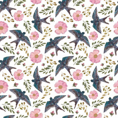 Watercolor pink flowers and swallow bird. Seamless pattern