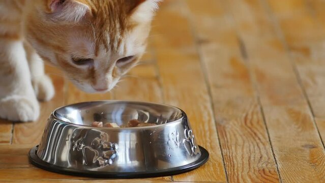 The beautiful ginger cat walked over to the shiny bowl of food and sniffed the food. Close-up of a red cat with a stainless cat bowl standing on a wooden ginger floor
