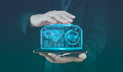 Big data and analytics visualization technology with scientist analyzing information structure on screen with machine learning  predictions for business data, internet of things, iot, ai, big data.
