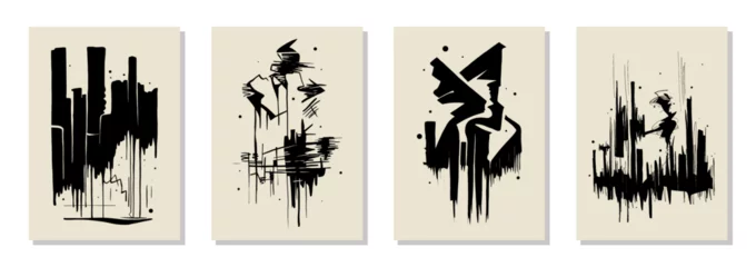 Fototapeten Set of 4 Banksy inspired wall art posters, brochure, flyer templates, contemporary collage. Organic ink line abstract hand drawn design, streetart, graffiti. Dynamic shapes graphic vintage vector © DELstudio