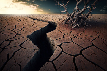 Dry and cracked land. Effects of climate change such as desertification and droughts. AI generative.