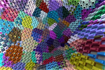 Fototapeta premium 3D ILLUSTRATION RENDERING. ABSTRACT BACKGROUND SQUARE PATTERN DIMENSION OBJECT TRENDY COLORFUL GEOMETRY DISTORTED EFFECT GRAPHIC TEXTURE. PERSPECTIVE SCIENCE TECHNOLOGY PRESENTATION RANDOM DESIGN.