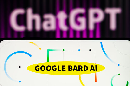 February 9, 2023, Brazil. In this photo illustration, the Google Bard AI logo is displayed on a smartphone screen, in the background the ChatGPT logo.