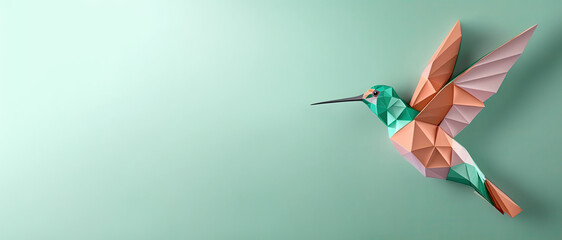 Banner with copy space. Colourful origami bird in green on a green background. Funny looking spring bird. Minimalist, modern style. Generative AI - obrazy, fototapety, plakaty
