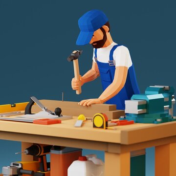3d worker hammers a nail. Handyman works at a workbench with tools. 3d illustration.