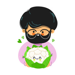 Young cute funny men hold cauliflower in hand. Young boy hugs cute cauliflower. Vector hand drawn doodle style cartoon character illustration icon design. Isolated on white background
