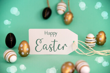 Fototapeta na wymiar Golden Easter Egg Decoration. Label With English Text Happy Easter