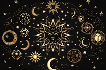 Fototapeta premium Drawing of golden stars, moon, planets, constellations on black isolated background, mystical drawing to tarot cards, fantasy magic space. Generative AI