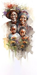 African American grandparents posing with their grandchildren and smiling, African American History Month banner with copy space. Vertical Generative AI Illustration