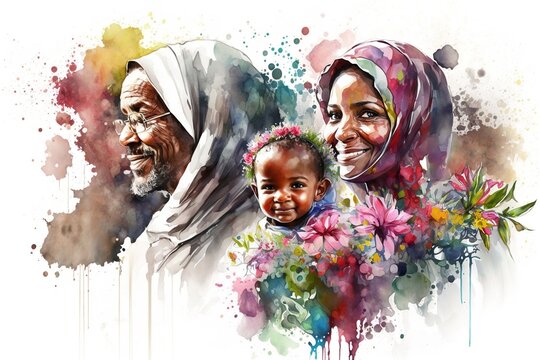 Traditional Muslim family portrait. Watercolor painting style. Traditional clothes. Generative AI Illustration