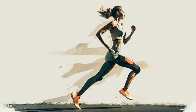 Generative AI illustration of a Side view of active sporty young running woman runner athlete with copy space, watercolor concept