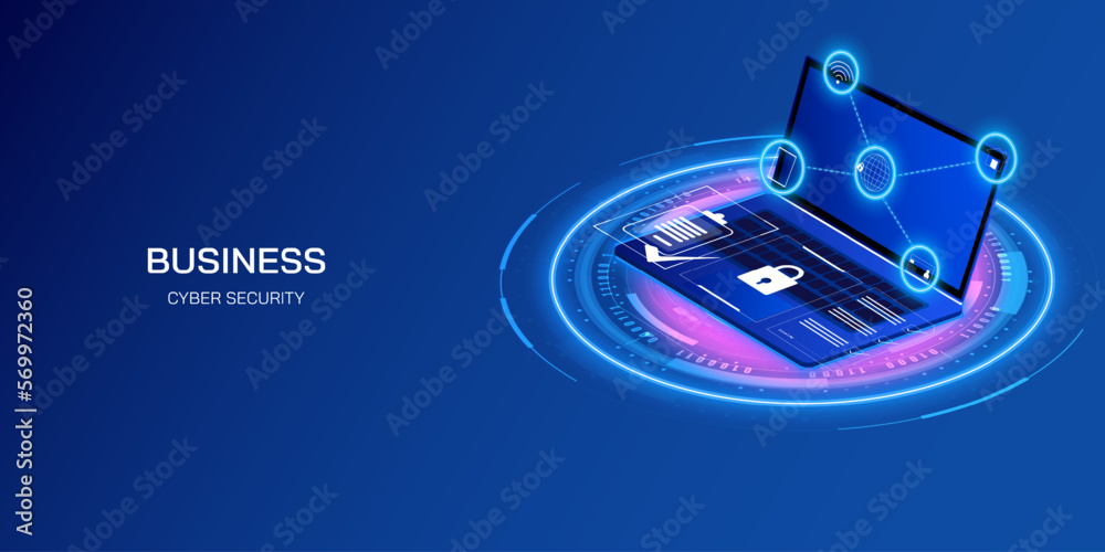 Leinwandbilder Abstract blue laptop cyber security concept, data privacy encryption technology platform. HUD UI system interface with business icon, binary number, network protection vector.